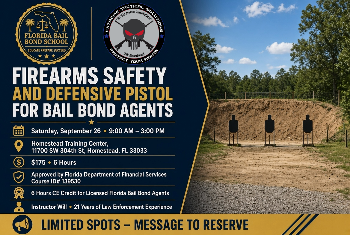 Continuing Education - Firearms Safety and Defensive Pistol for Bail Bond Agents (6hr) September 26th, 2026 9am-3pm